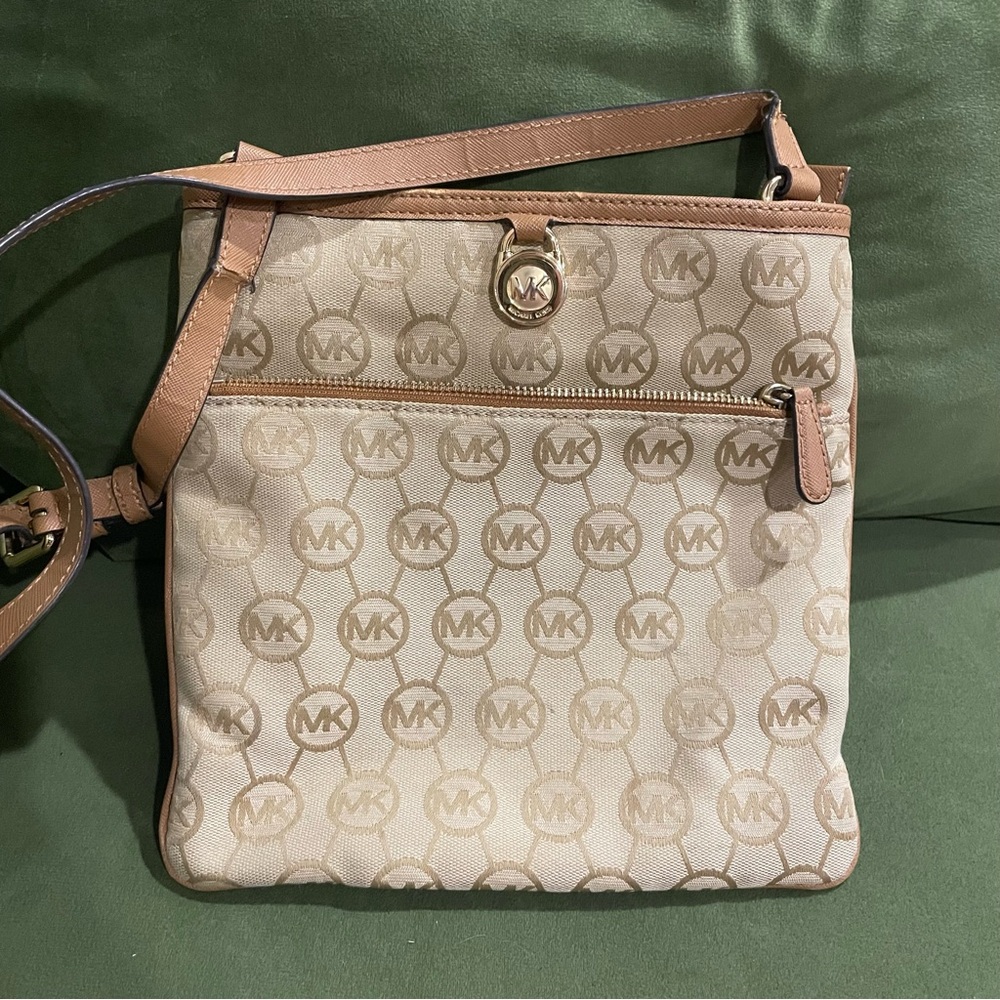 Michael Kors Tan and Brown Crossbody Bag with Signature MK Design